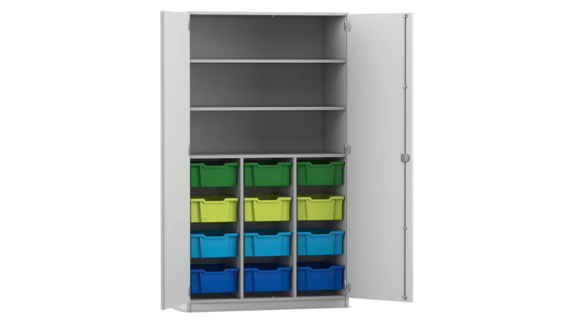 Flexeo Hochschrank mit Drehtüren, Dekor lichtgrau, HxBxT: 190x108,1x60 cm, 12 große Boxen bunt B