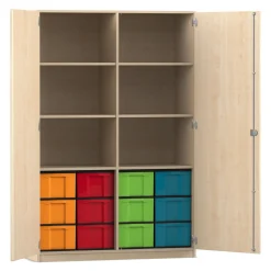 Flexeo Hochschrank mit 6 Fächern, Ahorn honig, HxBxT: 190x126,4x60 cm, 12 großen Boxen bunt, Bogengriff mit Schloss