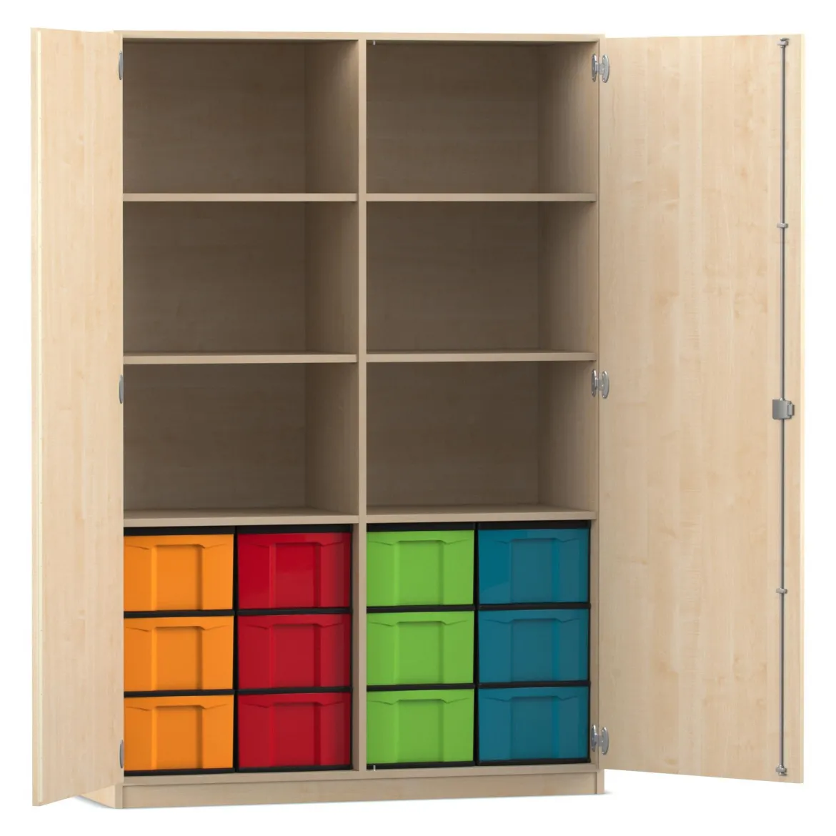 Flexeo Hochschrank mit 6 Fächern, Ahorn honig, HxBxT: 190x126,4x60 cm, 12 großen Boxen bunt, Bogengriff mit Schloss