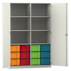 Flexeo Hochschrank mit 6 Fächern, Dekor weiß, HxBxT: 190x126,4x50 cm, 12 großen Boxen bunt, Bogengriff mit Schloss
