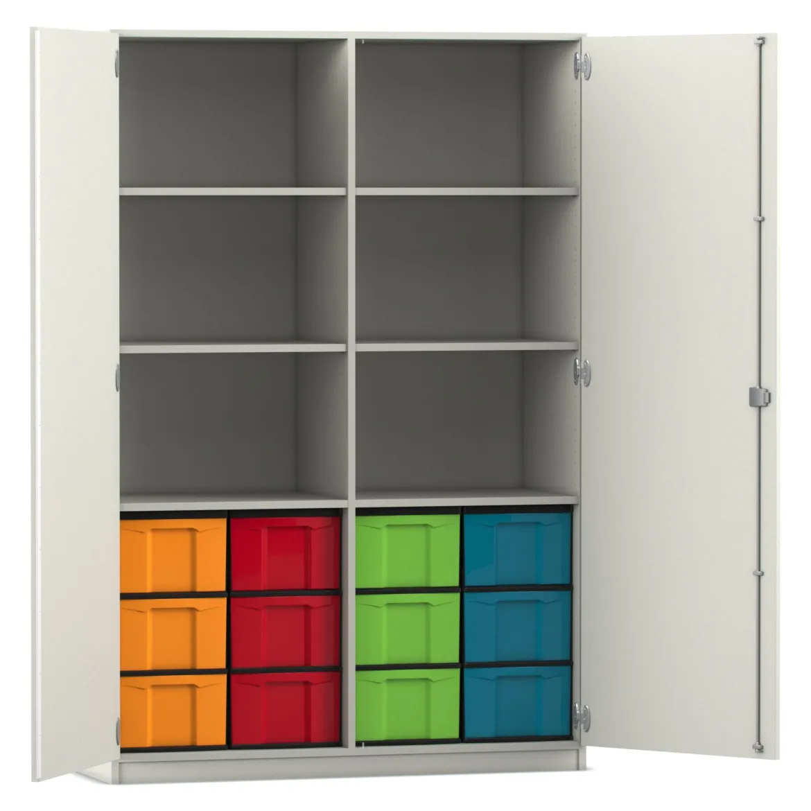 Flexeo Hochschrank mit 6 Fächern, Dekor weiß, HxBxT: 190x126,4x50 cm, 12 großen Boxen bunt, Bogengriff mit Schloss