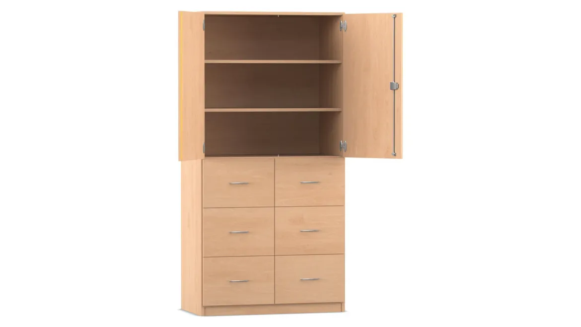 Flexeo Hochschrank mit Sockel, Buche hell, 6 große Schubladen, HxBxT: 190x94,4x50 cm