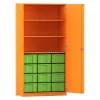 Flexeo Hochschrank Orange mit 3 großen Fächern, 12 großen Boxen grün, Türen, Bogengriff mit Schloss, 50cm tief