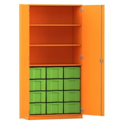 Flexeo Hochschrank Orange mit 3 großen Fächern, 12 großen Boxen grün, Türen, Bogengriff mit Schloss, 50cm tief