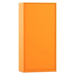 Flexeo Hochschrank Orange mit 3 großen Fächern, 12 großen Boxen grün, Türen, Bogengriff mit Schloss, 50cm tief