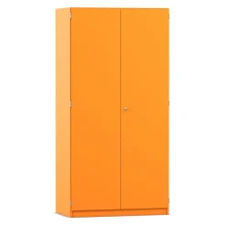 Flexeo Hochschrank Orange mit 3 großen Fächern, 12 großen Boxen grün, Türen, Bogengriff mit Schloss, 50cm tief