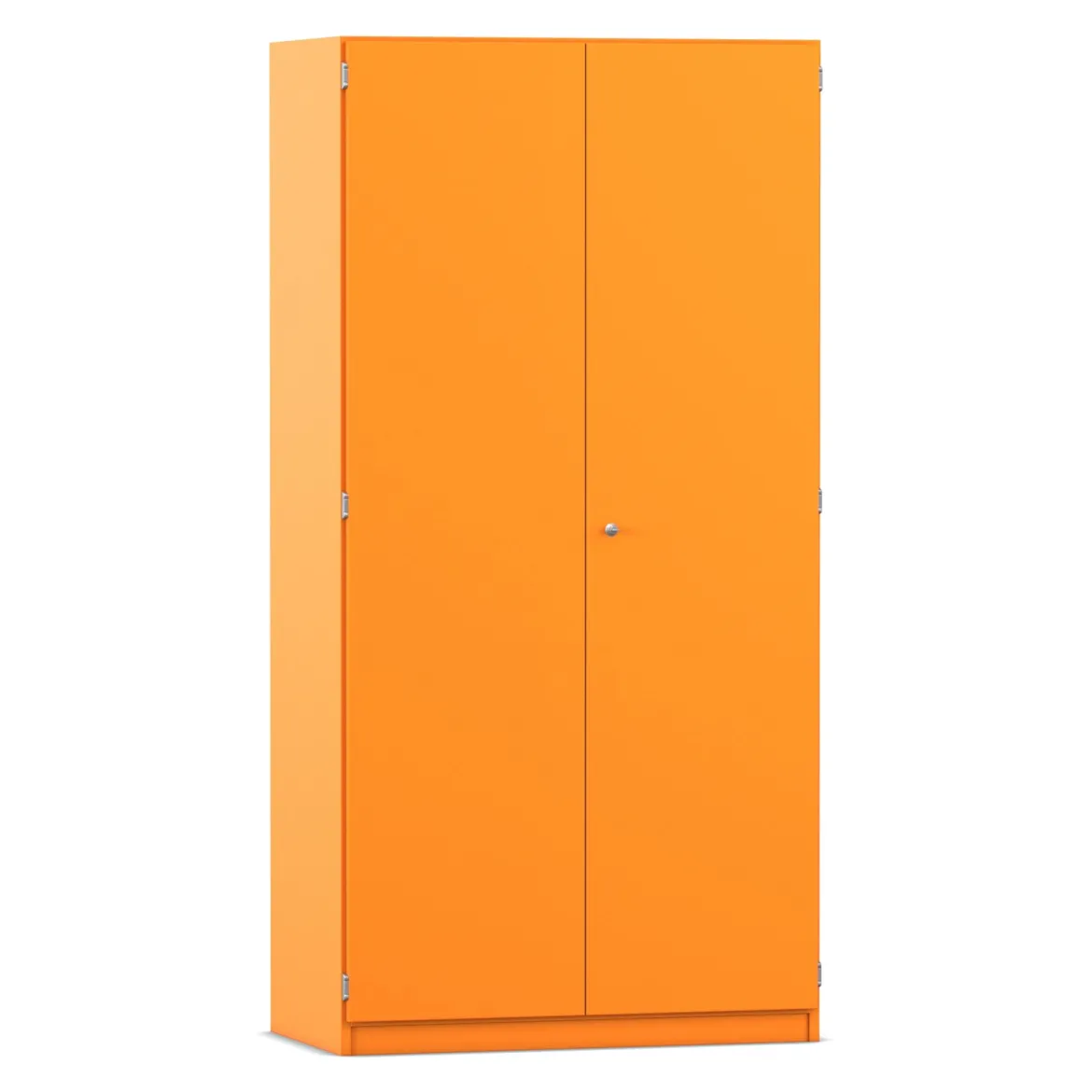 Flexeo Hochschrank Orange mit 3 großen Fächern, 12 großen Boxen grün, Türen, Bogengriff mit Schloss, 50cm tief