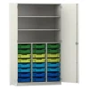 Flexeo Hochschrank PRO, weiß, 24 kleine Boxen, 3 Fächer, HxBxT 190 x 108 x 50 cm, bunt B, Bogengriff mit Schloss