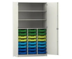 Flexeo Hochschrank PRO, weiß, 24 kleine Boxen, 3 Fächer, HxBxT 190 x 108 x 50 cm, bunt B, Bogengriff mit Schloss