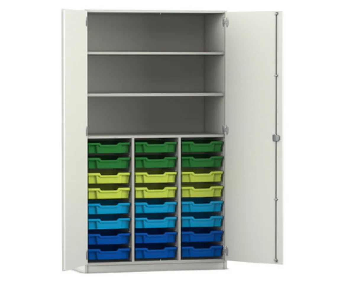 Flexeo Hochschrank PRO, weiß, 24 kleine Boxen, 3 Fächer, HxBxT 190 x 108 x 50 cm, bunt B, Bogengriff mit Schloss
