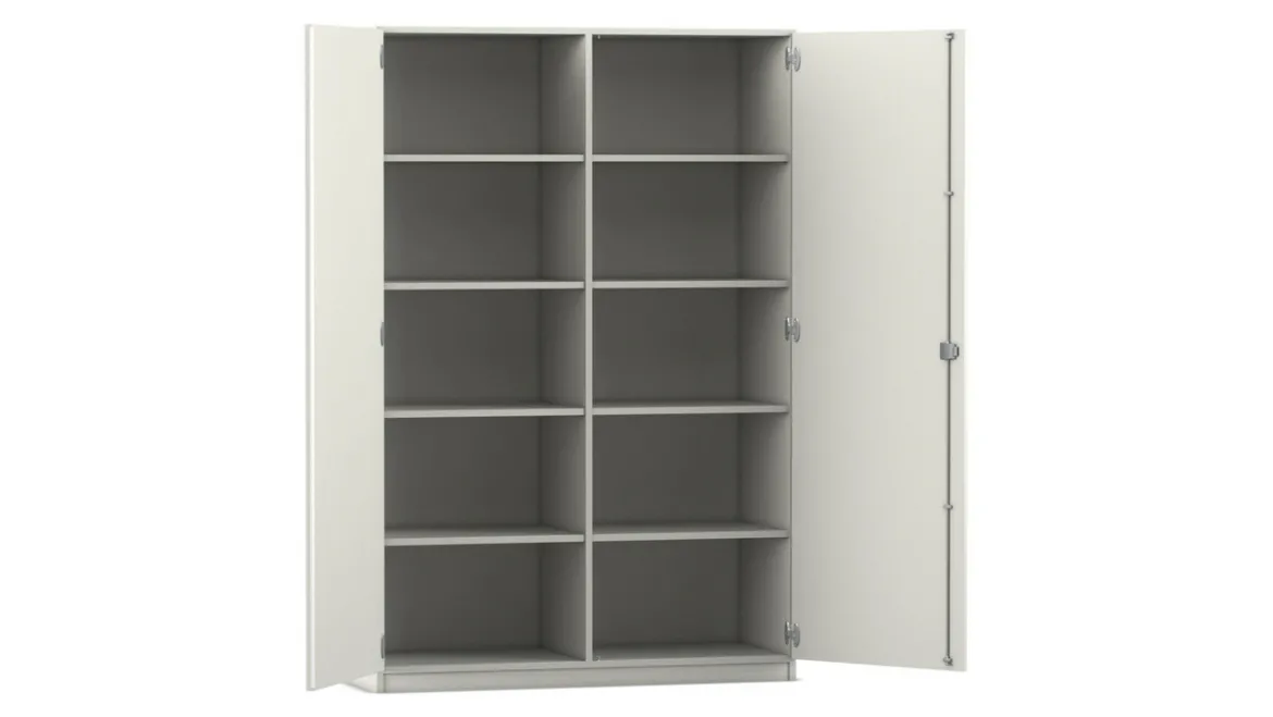 Flexeo Hochschrank weiß 10 Fächer, 2 Türen, HxBxT: 190x126,4x50 cm, Bogengriff mit Schloss