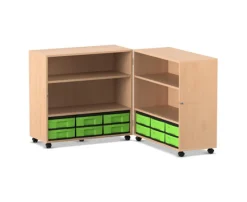 Flexeo Klappwagen Fahrbibliothek, Buche hell, Höhe 92,3 cm, 12 kleine Boxen grün
