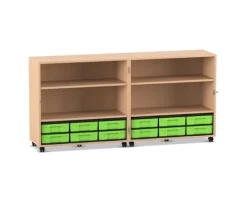Flexeo Klappwagen Fahrbibliothek, Buche hell, Höhe 92,3 cm, 12 kleine Boxen grün