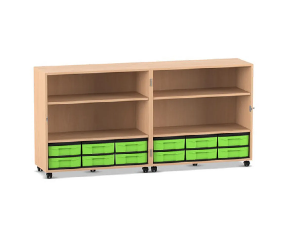 Flexeo Klappwagen Fahrbibliothek, Buche hell, Höhe 92,3 cm, 12 kleine Boxen grün