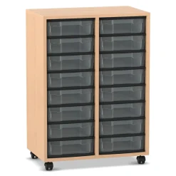 Flexeo® Materialregal Buche hell, HxBxT: 92,3x66,5x40,8 cm, 2 Reihen, 16 kleine Boxen, Boxenfarbe transparent, Rollen