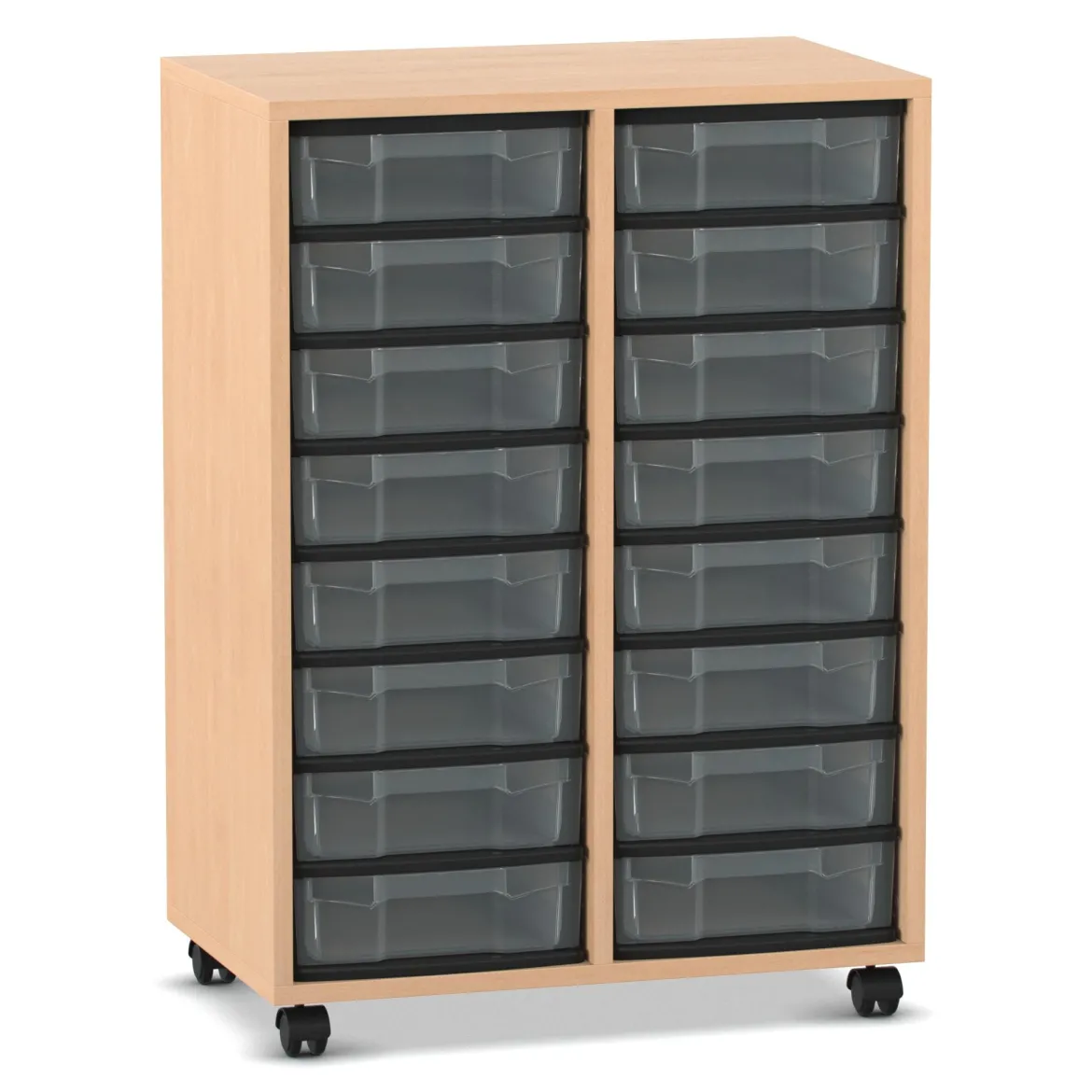 Flexeo® Materialregal Buche hell, HxBxT: 92,3x66,5x40,8 cm, 2 Reihen, 16 kleine Boxen, Boxenfarbe transparent, Rollen