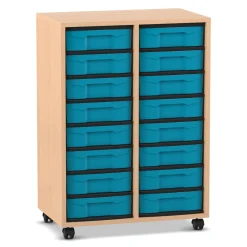 Flexeo® Materialregal Buche hell, 92,3x66,5x40,8, 2 Reihen, 16 kleine Boxen blau, Sockel