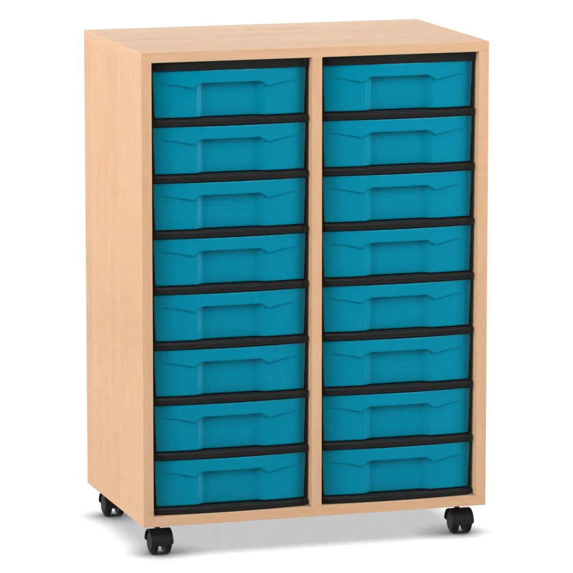 Flexeo® Materialregal Buche hell, 92,3x66,5x40,8, 2 Reihen, 16 kleine Boxen blau, Sockel