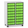 Flexeo® Materialregal grau, HxBxT: 92,3x66,5x40,8 cm, 2 Reihen, 16 kleine Boxen, Boxenfarbe grün, Rollen