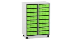 Flexeo® Materialregal grau, HxBxT: 92,3x66,5x40,8 cm, 2 Reihen, 16 kleine Boxen, Boxenfarbe grün, Rollen
