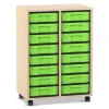 Flexeo® Materialregal, Holzdekor Ahorn honig, HxBxT: 92,3x66,5x40,8 cm, 2 Reihen, 16 kleine Boxen grün, Rollen