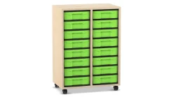 Flexeo® Materialregal, Holzdekor Ahorn honig, HxBxT: 92,3x66,5x40,8 cm, 2 Reihen, 16 kleine Boxen grün, Rollen