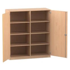 Flexeo® mittelhoher Schrank Buche hell, HxBxT: 143,9 x 126,4 cm x 50 cm, 3 Fachböden, Bogengriff mit Schloss