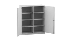 Flexeo® mittelhoher Schrank grau mit 3 Fachböden, HxBxT: 143,9 x 126,4 cm x 50 cm, Bogengriff mit Schloss