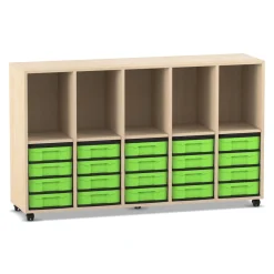 Flexeo Regal, Ahorn honig, HxBxT: 98 x 162,8 x 40,8 cm, 5 Reihen, 5 Fächer, 20 kleine Boxen grün, Rollen