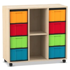 Flexeo® Regal, Ahorn honig, HxBxT: 92,3x98,6x40,8 cm, 3 Reihen, 8 große Boxen bunt, Sockel