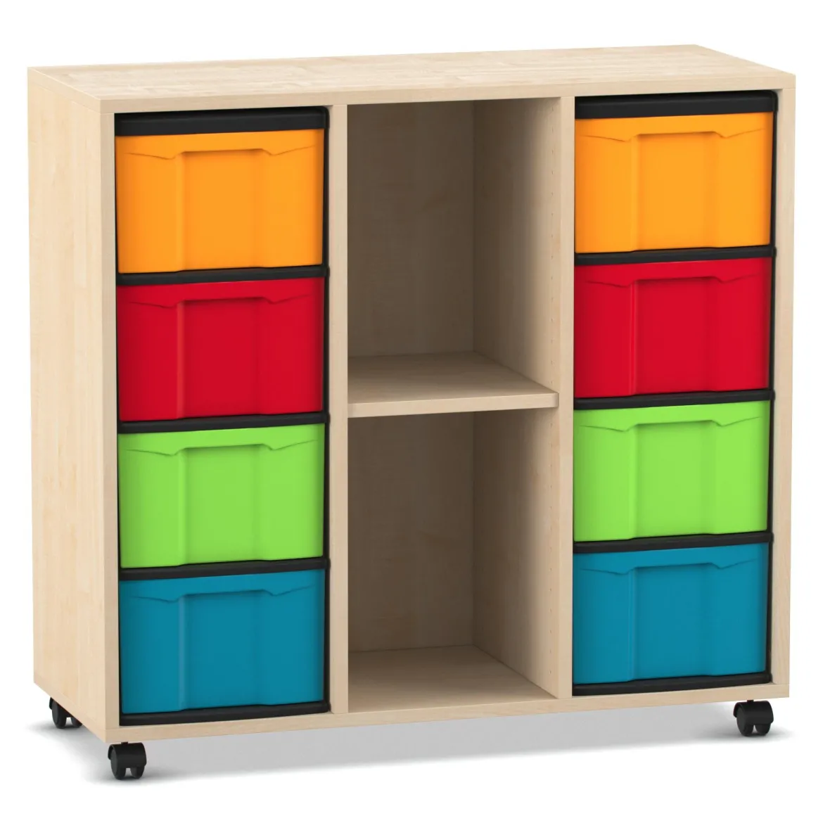 Flexeo® Regal, Ahorn honig, HxBxT: 92,3x98,6x40,8 cm, 3 Reihen, 8 große Boxen bunt, Sockel