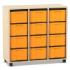 Flexeo® Regal Ahorn honig, HxBxT: 92,3 x 98,6 x 40,8 cm, 3 Reihen, 12 große Boxen gelb, Rollen