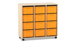 Flexeo® Regal Ahorn honig, HxBxT: 92,3 x 98,6 x 40,8 cm, 3 Reihen, 12 große Boxen gelb, Rollen