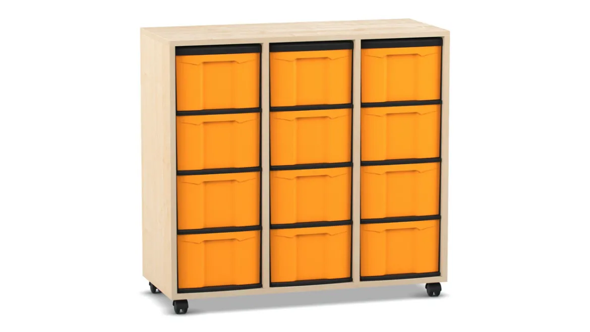 Flexeo® Regal Ahorn honig, HxBxT: 92,3 x 98,6 x 40,8 cm, 3 Reihen, 12 große Boxen gelb, Rollen