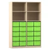 Flexeo® Regal, Ahorn honig, HxBxT: 190x126,4x58 cm, 4 Reihen, 20 große Boxen grün, 4 Fächer oben