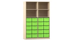 Flexeo® Regal, Ahorn honig, HxBxT: 190x126,4x58 cm, 4 Reihen, 20 große Boxen grün, 4 Fächer oben