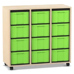 Flexeo Regal, Ahorn honig, HxBxT: 92,3 x 98,6 x 40,8 cm, 3 Reihen, 12 große Boxen grün, Rollen