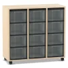 Flexeo® Regal Ahorn honig, HxBxT: 92,3 x 98,6 x 40,8 cm, 3 Reihen, 12 große Boxen transparent, Rollen