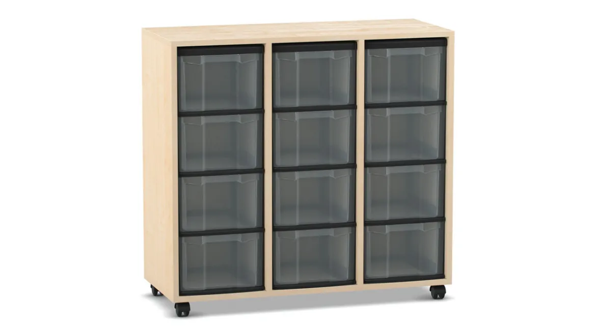 Flexeo® Regal Ahorn honig, HxBxT: 92,3 x 98,6 x 40,8 cm, 3 Reihen, 12 große Boxen transparent, Rollen