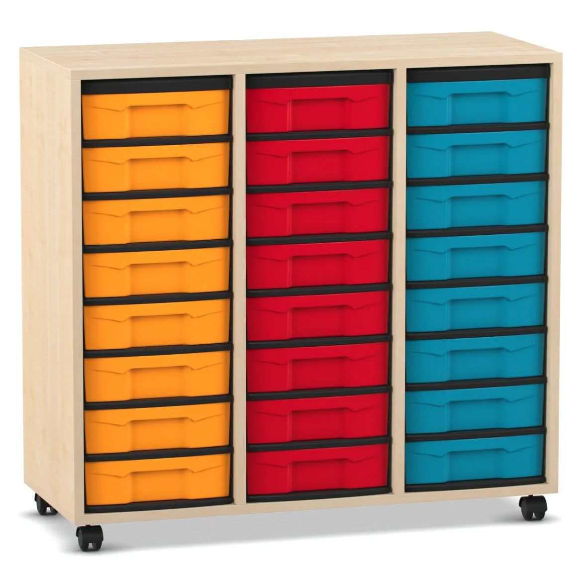 Flexeo Regal, Ahorn honig, HxBxT: 92,3x98,6x40,8 cm, 3 Reihen, 24 kleine Boxen bunt, Rollen