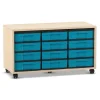 Flexeo Regal, Ahorn honig, mit 12 kleinen Boxen blau, 3 Reihen, HxBxT: 53 x 94,8 x 40,8 cm, Rollen