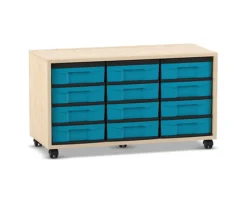Flexeo Regal, Ahorn honig, mit 12 kleinen Boxen blau, 3 Reihen, HxBxT: 53 x 94,8 x 40,8 cm, Rollen