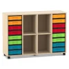 Flexeo Regal, Ahorn honig, 4 Reihen, 2 Fachböden, 16 kleine Boxen bunt, Rollen, HxBxT: 92,3x130,7x40,8 cm