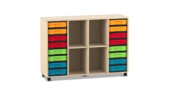 Flexeo Regal, Ahorn honig, 4 Reihen, 2 Fachböden, 16 kleine Boxen bunt, Rollen, HxBxT: 92,3x130,7x40,8 cm