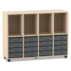 Flexeo Regal, Ahorn honig, 4 Reihen, 4 Fächer, 16 kleine Boxen transparent, Rollen