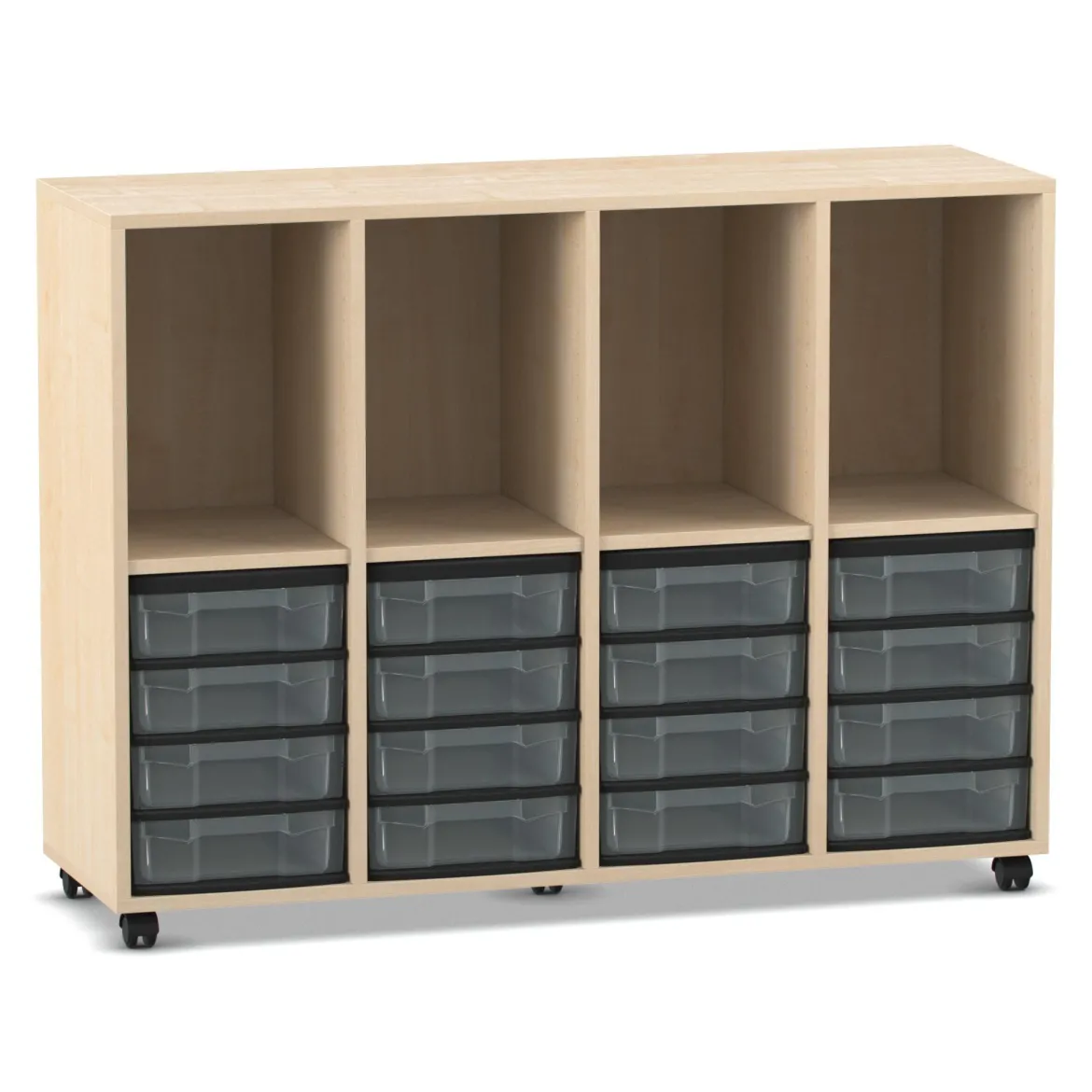 Flexeo Regal, Ahorn honig, 4 Reihen, 4 Fächer, 16 kleine Boxen transparent, Rollen
