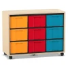 Flexeo® Regal Ahorn honig, 3 Reihen, 9 große Boxen, bunt, Rollen