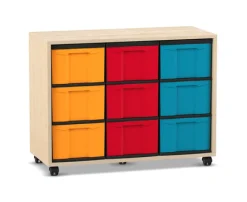Flexeo® Regal Ahorn honig, 3 Reihen, 9 große Boxen, bunt, Rollen
