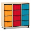 Flexeo® Regal Ahorn honig, 3 Reihen, 12 große Boxen bunt, Rollen