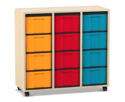Flexeo® Regal Ahorn honig, 3 Reihen, 12 große Boxen bunt, Rollen